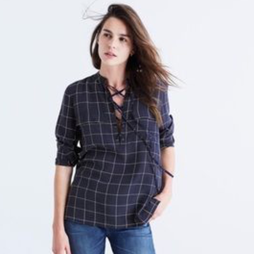 Madewell Silk Navy Tie-up Windowpane Blouse